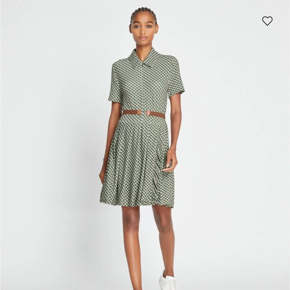 Tory Burch Green and White Printed Short-Sleeve Shirt Dress